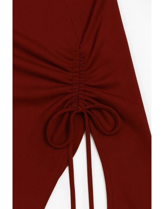 Kadın Bordo Uzun İspanyol Kollu Asimetirik Yaka Yandan Bağlamalı Drapeli Bluz