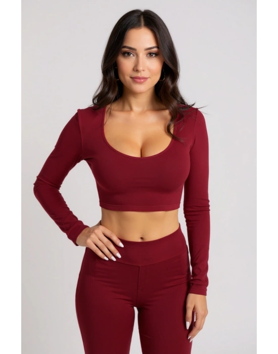 Kadın Bordo Uzun Kol Kare Yaka Crop Top Bluz