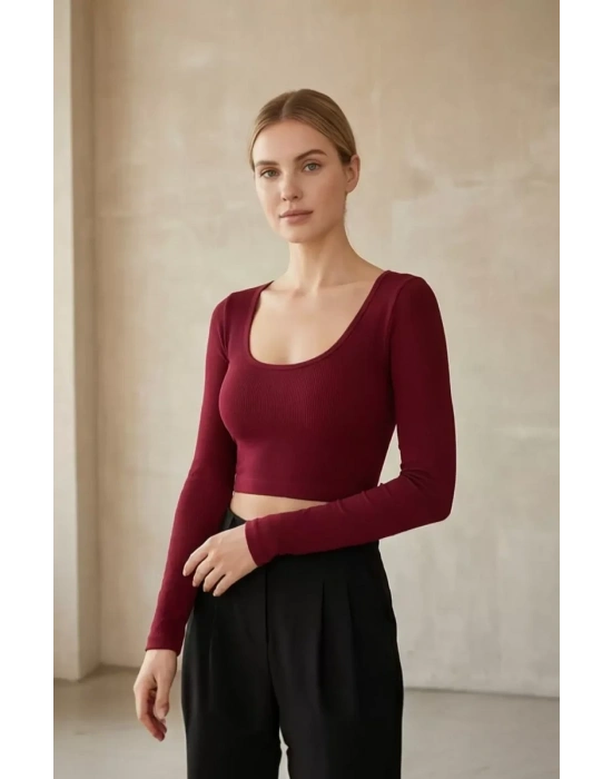 Kadın Bordo Uzun Kol Kare Yaka Crop Top Bluz