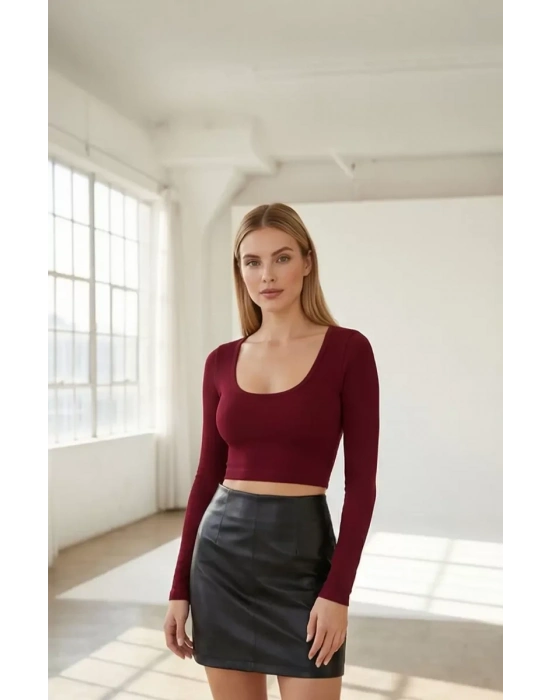 Kadın Bordo Uzun Kol Kare Yaka Crop Top Bluz