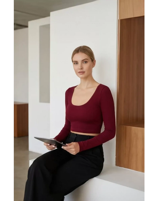Kadın Bordo Uzun Kol Kare Yaka Crop Top Bluz