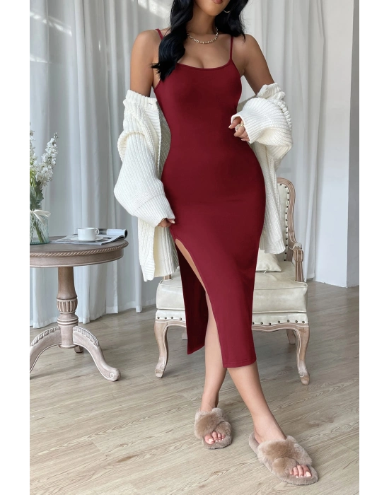 Kadın Bordo Yırtmaçlı Diz Altı Vücüdu Saran Gecelik