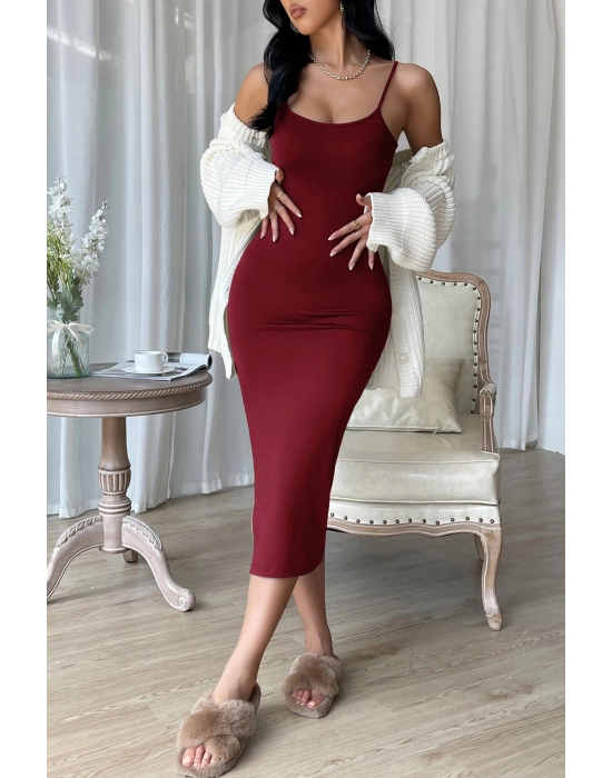 Kadın Bordo Yırtmaçlı Diz Altı Vücüdu Saran Gecelik