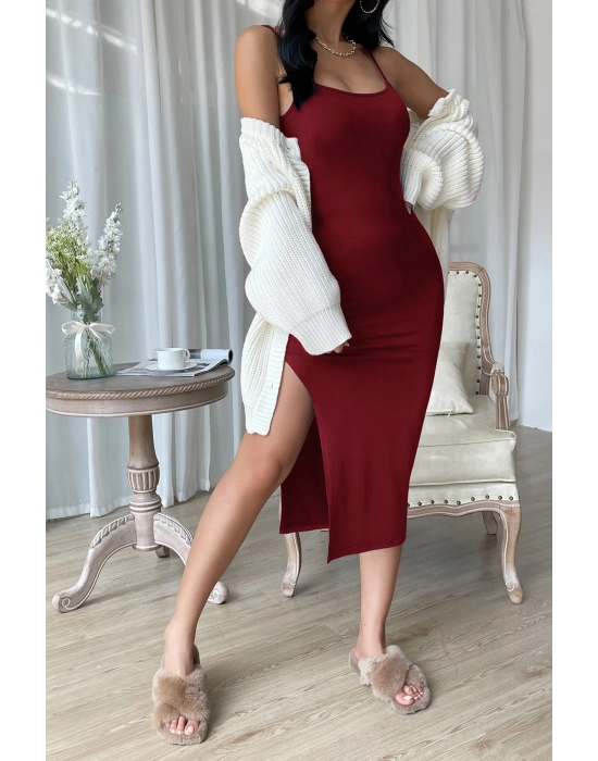 Kadın Bordo Yırtmaçlı Diz Altı Vücüdu Saran Gecelik