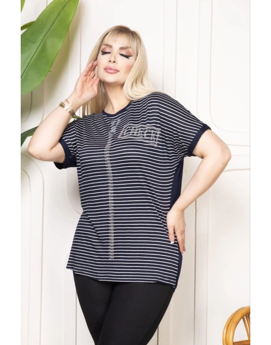 Kadın Büyük Beden Çizgili Taş Detaylı Kısa Kollu Likralı Viskon Tişört - Lacivert