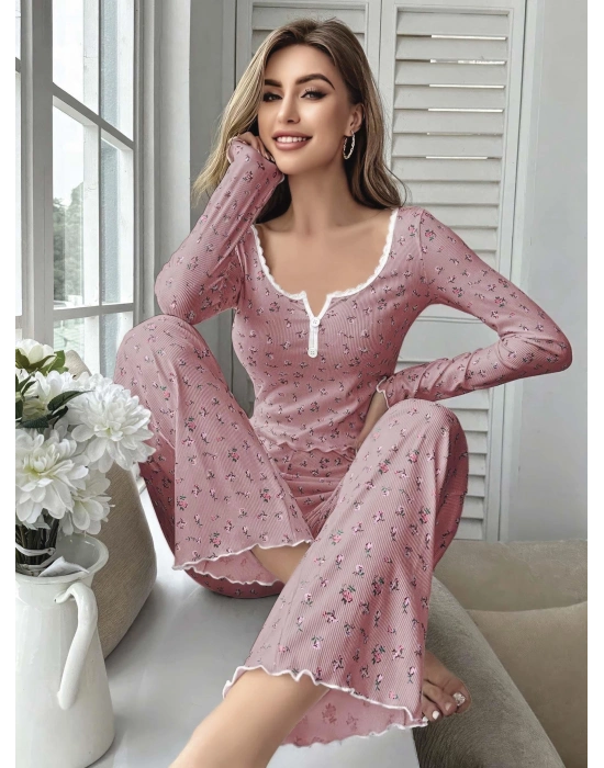 Kadın Çiçek Desenli Yumuşak Pamuklu Uzun Pijama Takımı 5132
