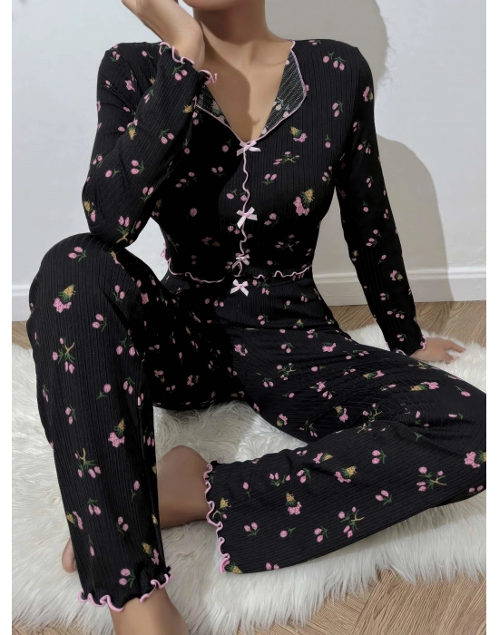 Kadın Çiçek ve Fiyonk Desenli Yumuşak Pamuklu Uzun Pijama Takımı 5134