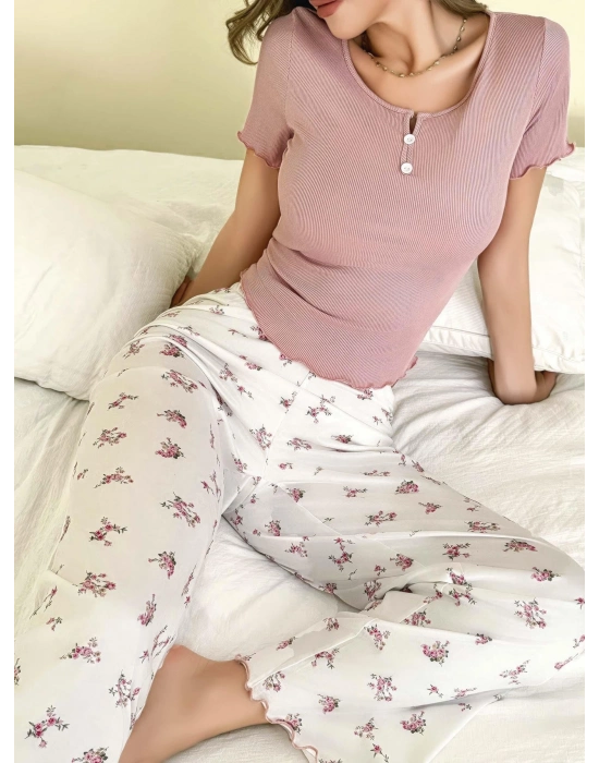 Kadın Çiçekli Desen Yumuşak Pamuklu Uzun Pijama Takımı 5131