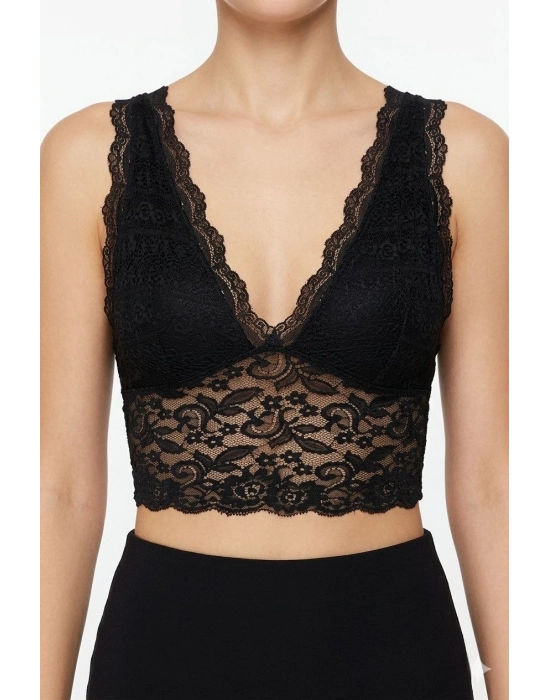 Kadın Dantel Bralet Crop Sütyen V Yaka Askılı Şık Esnek Rahat - Siyah