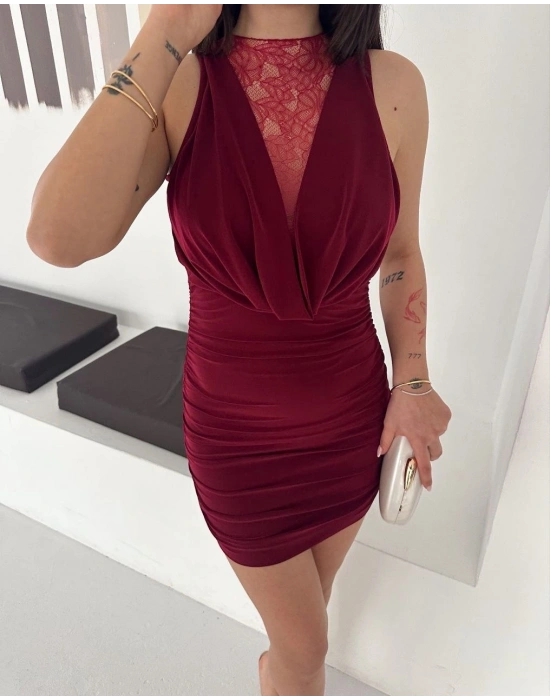 Kadın Dantel Detaylı Derin Dekolte Drapeli Mini Elbise Şık Kolsuz - Bordo