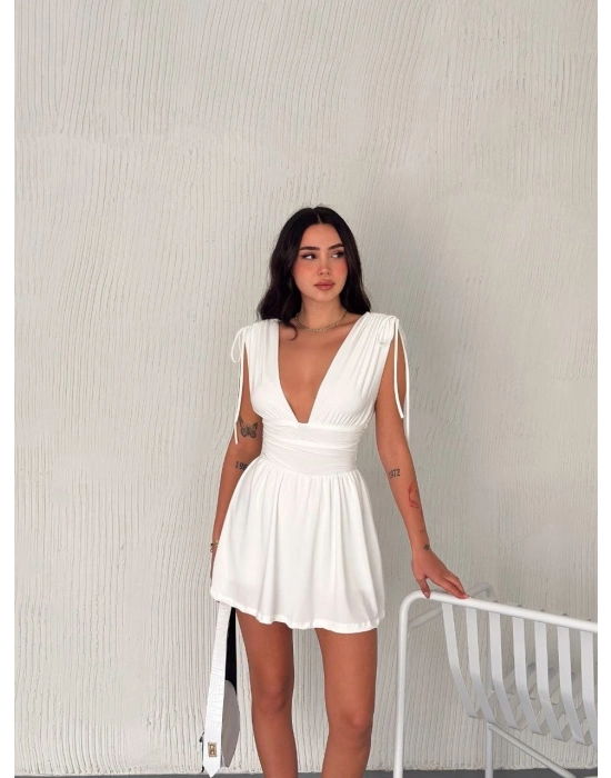 Kadın Derin V Yaka Etek Görünümlü Şortlu Elbise Drapeli Mini Yazlık - Beyaz