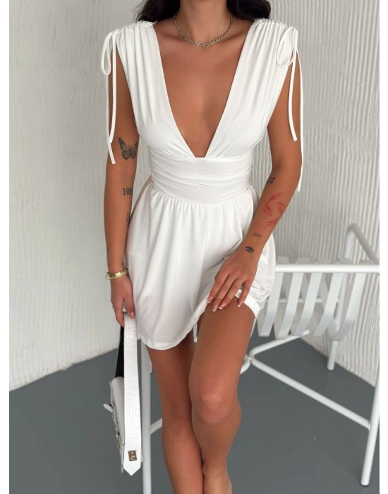 Kadın Derin V Yaka Etek Görünümlü Şortlu Elbise Drapeli Mini Yazlık - Beyaz