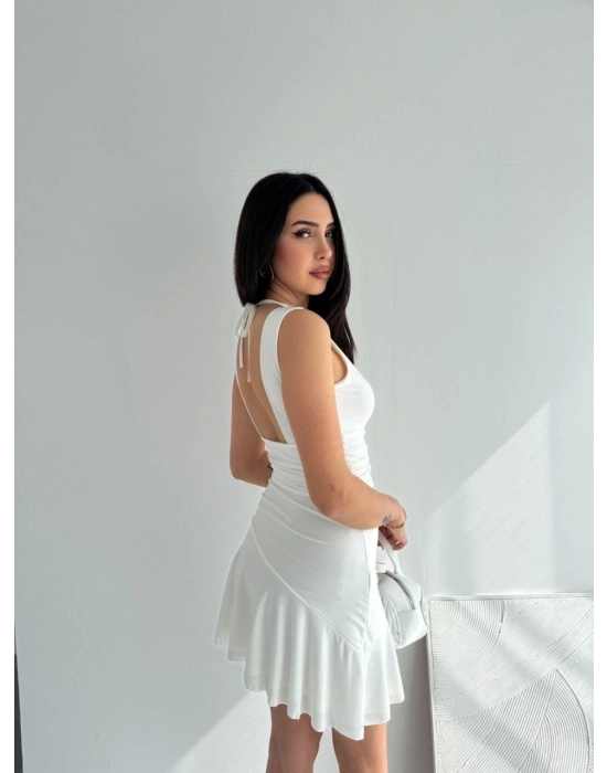 Kadın Derin V Yaka Sırt Dekolteli Mini Elbise Drapeli Şık Kolsuz - Beyaz