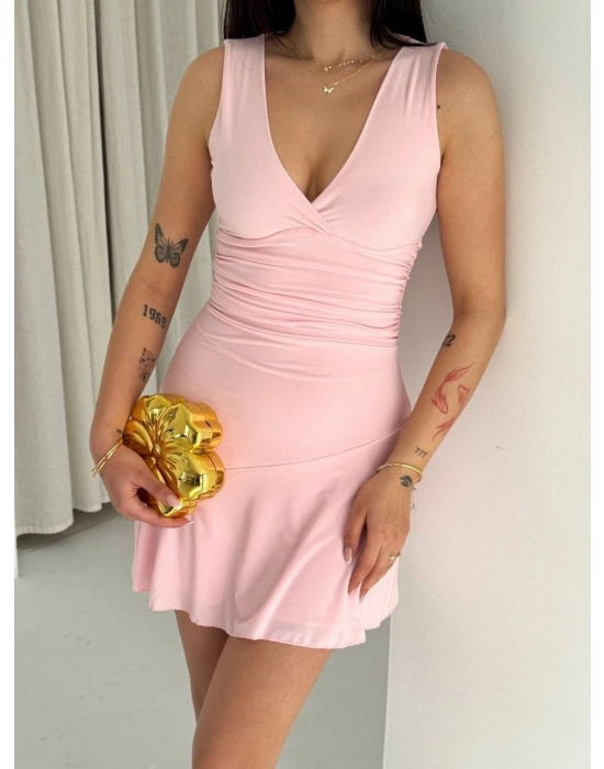 Kadın Derin V Yaka Sırt Dekolteli Mini Elbise Drapeli Şık Kolsuz - Pembe