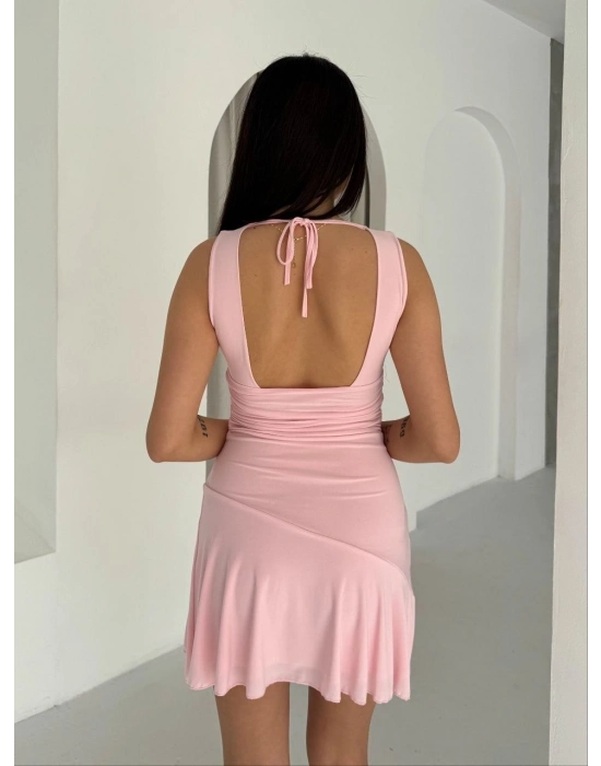 Kadın Derin V Yaka Sırt Dekolteli Mini Elbise Drapeli Şık Kolsuz - Pembe