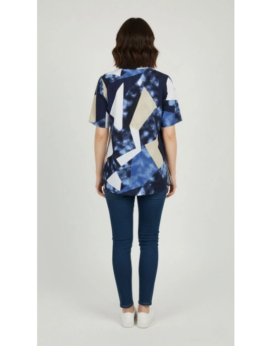 Kadın Desenli Püsküllü Viskon Bluz Bebe Yaka Kısa Kollu Big Size Rahat Kesim - Desenli