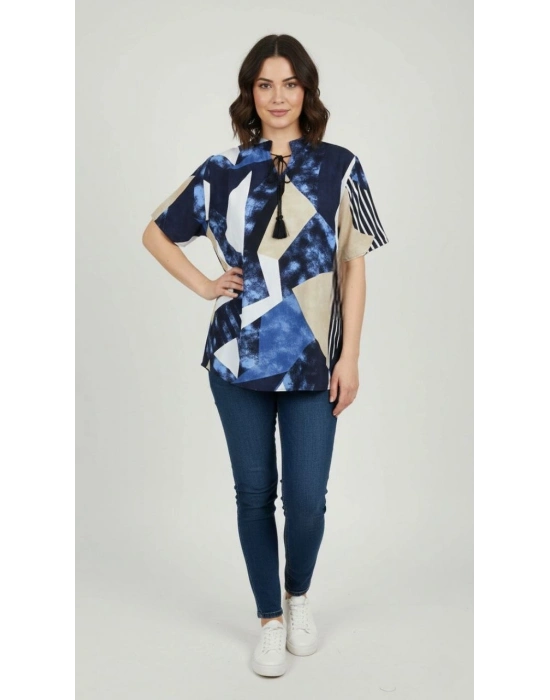 Kadın Desenli Püsküllü Viskon Bluz Bebe Yaka Kısa Kollu Big Size Rahat Kesim - Desenli