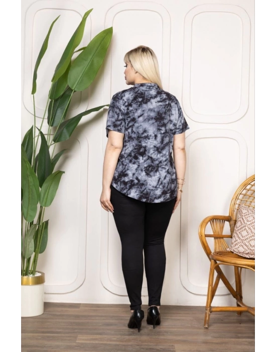Kadın Desenli Püsküllü Viskon Bluz Bebe Yaka Kısa Kollu Big Size Rahat Kesim - Desenli