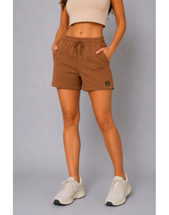 Kadın Dokuma Kumaş Cepli Bağcıklı Regular Fit Yazlık Şort - Kahverengi
