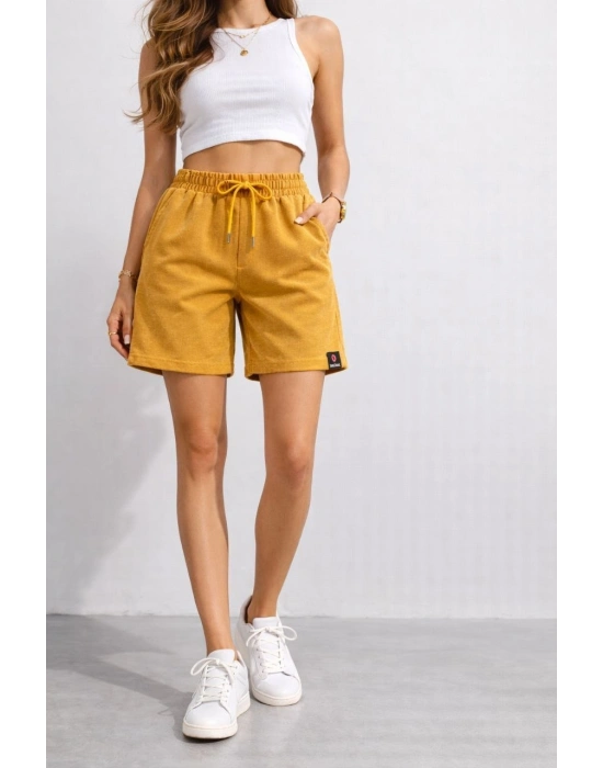Kadın Dokuma otoban Şort Beli Lastikli Bağcıklı, Cepli, Rahat Kesim Günlük Yazlık Şort - Hardal