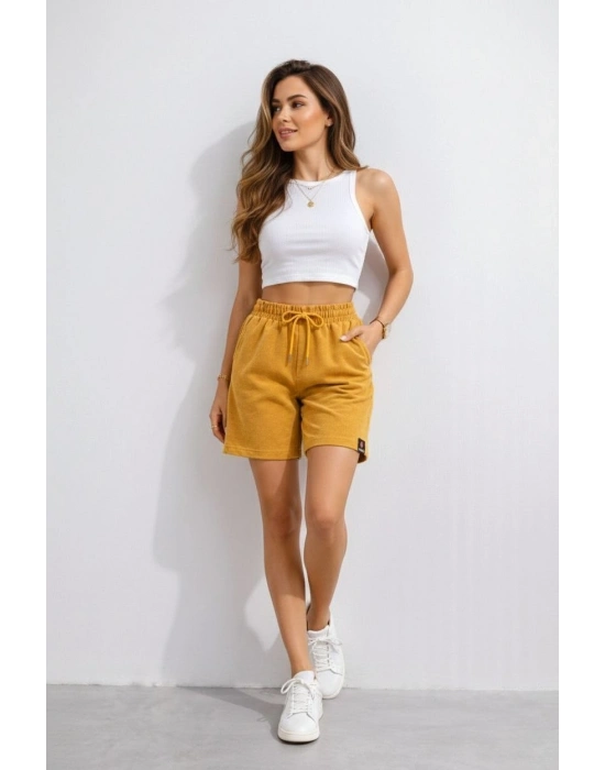 Kadın Dokuma otoban Şort Beli Lastikli Bağcıklı, Cepli, Rahat Kesim Günlük Yazlık Şort - Hardal