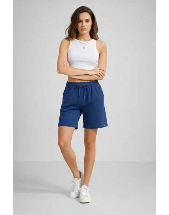 Kadın Dokuma otoban Şort Beli Lastikli Bağcıklı, Cepli, Rahat Kesim Günlük Yazlık Şort - İndigo