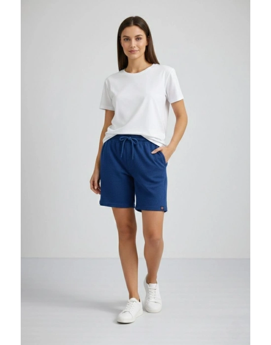 Kadın Dokuma otoban Şort Beli Lastikli Bağcıklı, Cepli, Rahat Kesim Günlük Yazlık Şort - İndigo