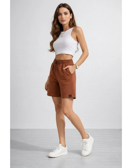 Kadın Dokuma otoban Şort Beli Lastikli Bağcıklı, Cepli, Rahat Kesim Günlük Yazlık Şort - Kahverengi