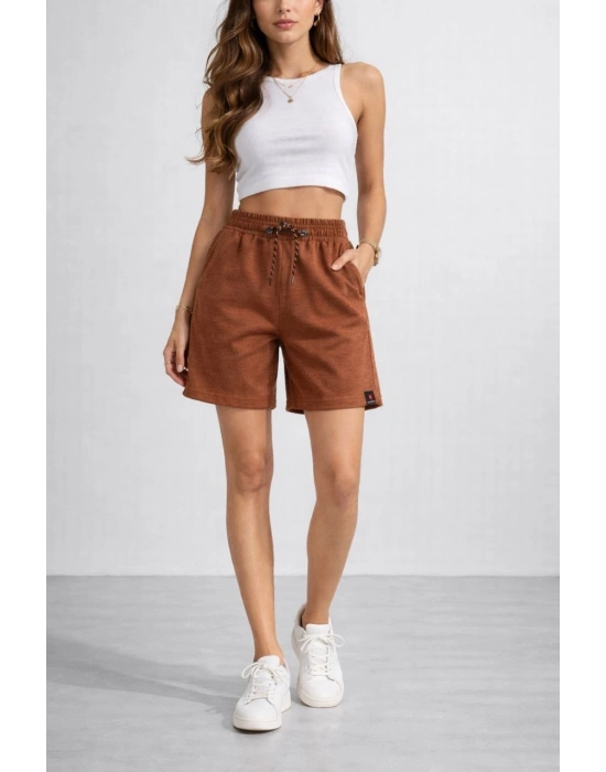 Kadın Dokuma otoban Şort Beli Lastikli Bağcıklı, Cepli, Rahat Kesim Günlük Yazlık Şort - Kahverengi