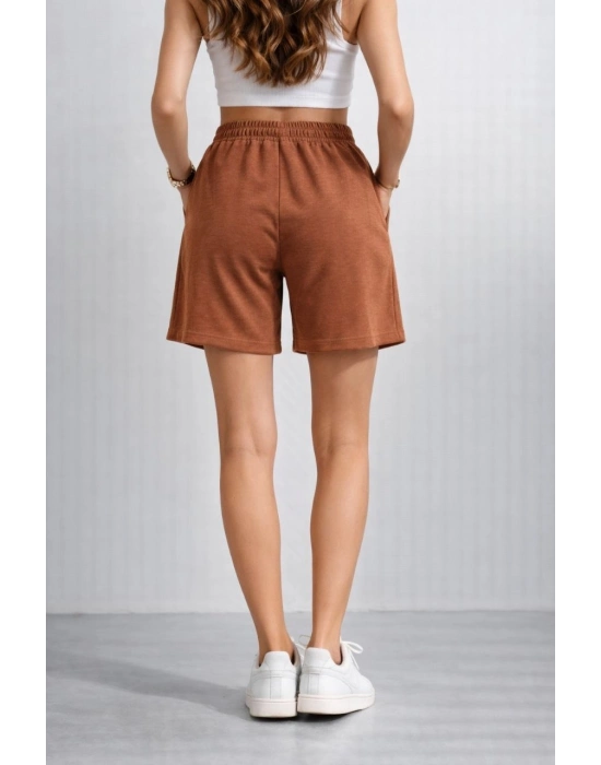 Kadın Dokuma otoban Şort Beli Lastikli Bağcıklı, Cepli, Rahat Kesim Günlük Yazlık Şort - Kahverengi