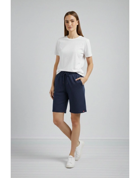 Kadın Dokuma otoban Şort Beli Lastikli Bağcıklı, Cepli, Rahat Kesim Günlük Yazlık Şort - Lacivert