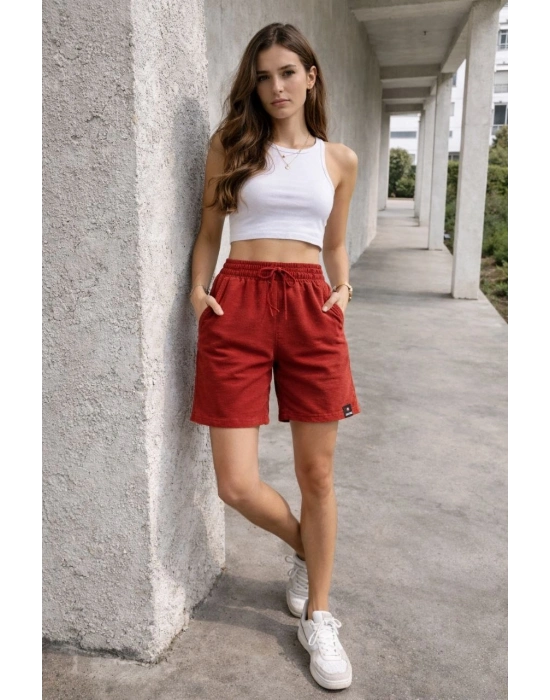 Kadın Dokuma otoban Şort Beli Lastikli Bağcıklı, Cepli, Rahat Kesim Günlük Yazlık Şort - Turuncu