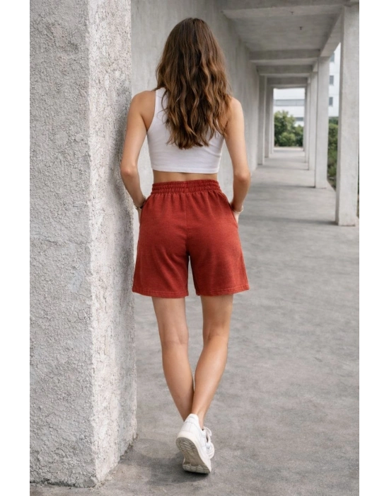 Kadın Dokuma otoban Şort Beli Lastikli Bağcıklı, Cepli, Rahat Kesim Günlük Yazlık Şort - Turuncu