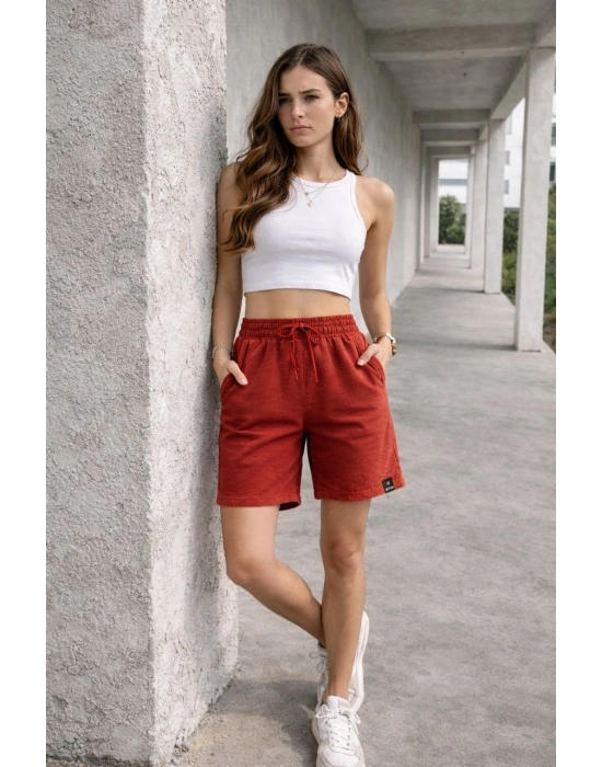 Kadın Dokuma otoban Şort Beli Lastikli Bağcıklı, Cepli, Rahat Kesim Günlük Yazlık Şort - Turuncu
