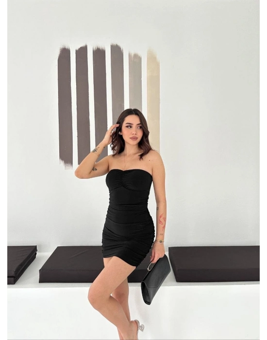 Kadın Drapeli Straplez Mini Elbise Esnek Kumaş Vücuda Oturan Gece Elbisesi - Siyah