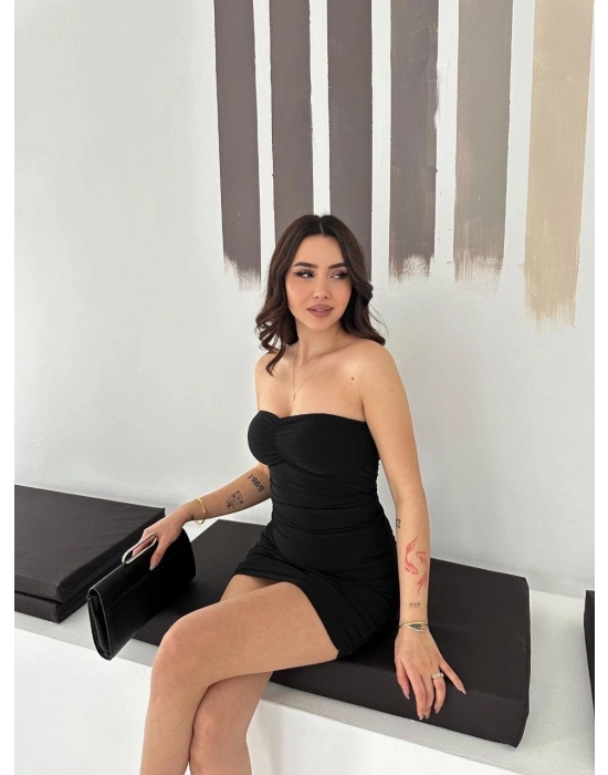 Kadın Drapeli Straplez Mini Elbise Esnek Kumaş Vücuda Oturan Gece Elbisesi - Siyah