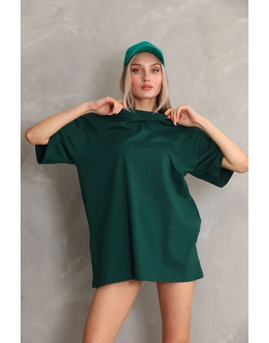 Kadın Düz A Kalite Pamuklu Penye T-shirt- Yeşil