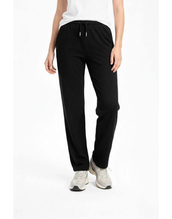 Kadın Düz Paça Beli Lastikli İpli Günlük Spor Eşofman Altı Rahat Fit - Siyah