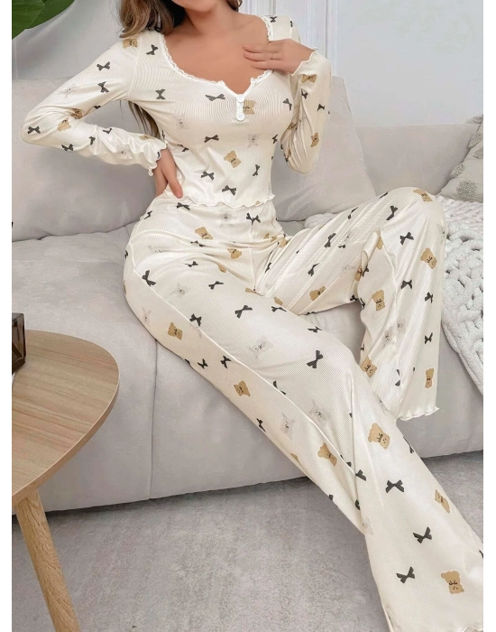 Kadın Ekru Ayıcık ve Fiyonk Desenli Yumuşak Pamuklu Uzun Pijama Takımı 5129