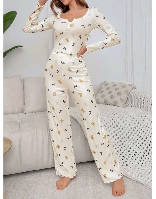 Kadın Ekru Ayıcık ve Fiyonk Desenli Yumuşak Pamuklu Uzun Pijama Takımı 5129