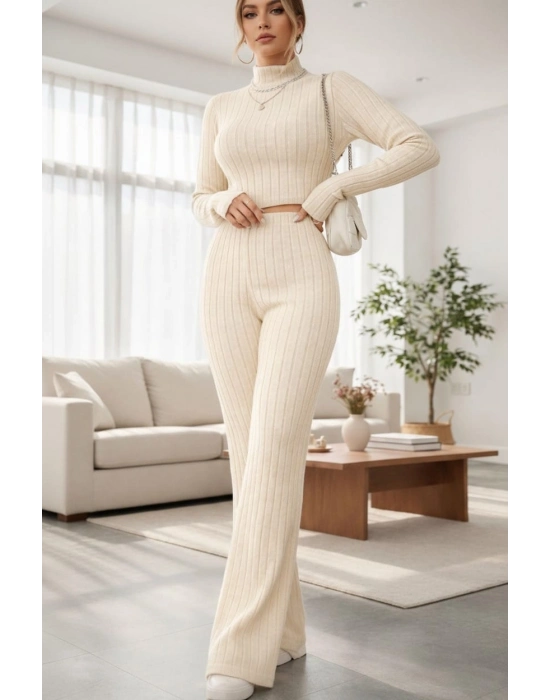 Kadın Ekru Çizgili Boğazlı Crop Top ve Yüksek Bel Eşofman Takımı Spor Şık Kombin