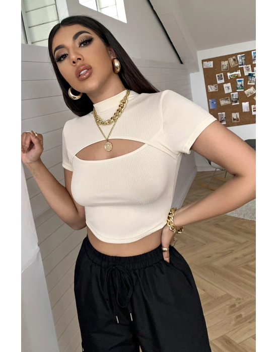 Kadın Ekru Göğüs Dekolteli Yarım Kollu Cut Out Crop Top Bluz