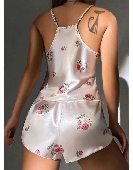 Kadın Ekru Gül Desenli Askılı Dantel Üst Pijama Takımı 2222