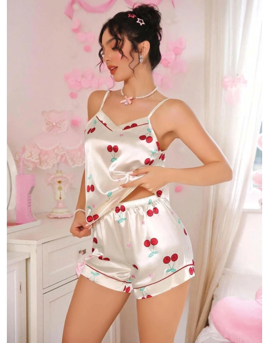 Kadın Ekru Kiraz Desenli Saten Şort Pijama Takımı 2226