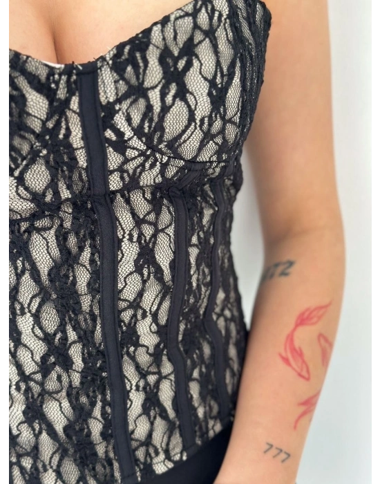 Kadın Fermuarlı Dantel Korse Straplez Bustiyer Transparan Şık Top - Bej