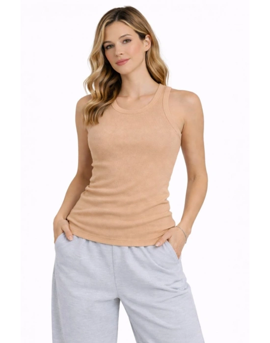 Kadın Fitilli Atlet Sıfır Yaka Slim Fit Arka Baskılı Spor Atlet - Bej