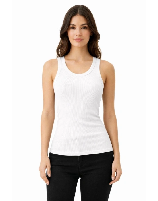 Kadın Fitilli Likralı Kaşkorse Atlet Vücuda Oturan Basic Şıklık - Beyaz