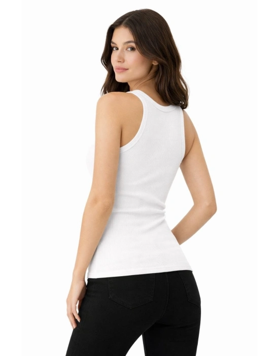 Kadın Fitilli Likralı Kaşkorse Atlet Vücuda Oturan Basic Şıklık - Beyaz