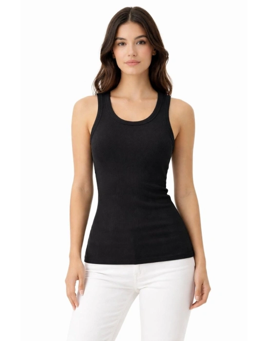 Kadın Fitilli Likralı Kaşkorse Atlet Vücuda Oturan Basic Şıklık - Siyah