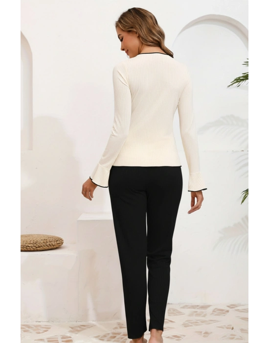 Kadın Fiyonklu Uzun Kollu Ekru Üst Siyah Alt Pijama Takımı